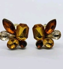 Flower Clip Earrings Amber Colored 1 in Rhinestone Gold tone Cluster Vintage