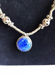 Vtg Womens Fashion Hand Crafted Folk Art Metal Blue Lapis Stone Necklace 15″L