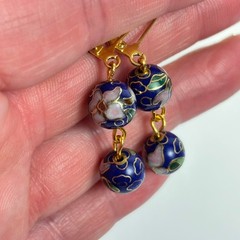 Vintage Cloisonne Drop Earrings Blue Floral Boho Cottagecore Whimsygoth Jewelry