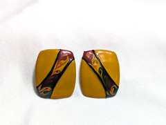 Vtg abstract earrings square enamel modern swirl art design pierced post mustard