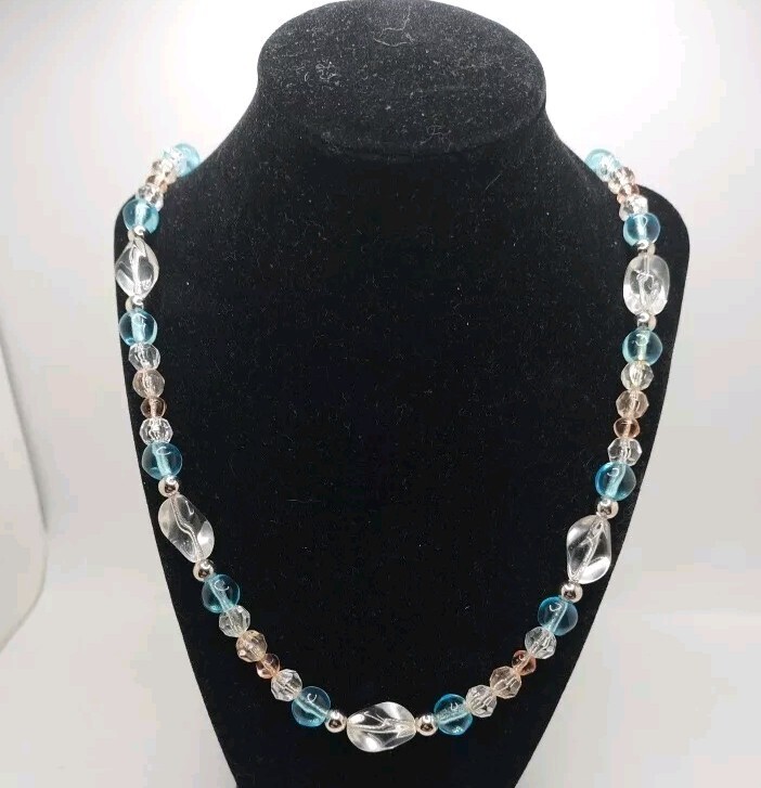 Vintage Monet Glass Pastel Beaded Clear Blue Pink Silver Tone Necklace Hang Tag