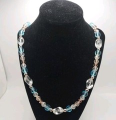 Vintage Monet Glass Pastel Beaded Clear Blue Pink Silver Tone Necklace Hang Tag