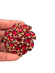 Vintage Red Rhinestone Brooch & Earrings Set | Gold-tone Signed Celebrity NY
