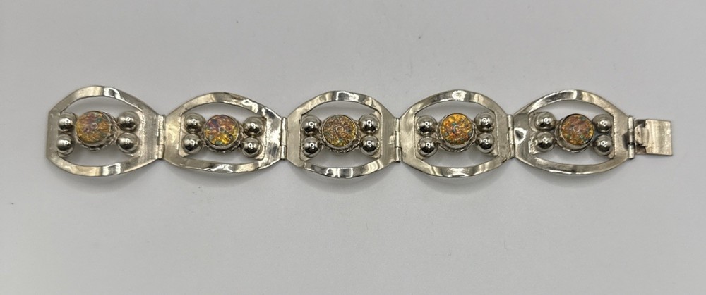 7″ Sterling Silver & Faux Fire Opal Panel Link Bracelet