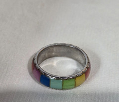 Multi-color Mosaic Inlaid Band Ring -Size 7 Silver Tone Colorful Stacker Unisex