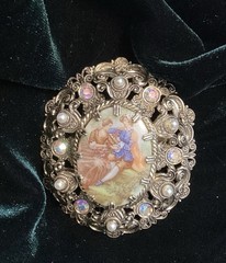 Vintage Porcelain Filigree Courting Couple Art Brooch and Earrings Set