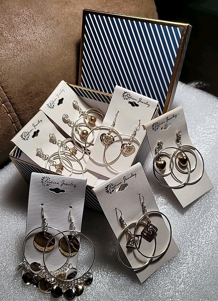 6 Pairs NEW VINTAGE DANGLE HOOPS EARRINGS PIERCED DROP BIG CLASSIC • OLD STOCK