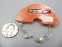 80s Art Deco Brooch Half Moon Sunburst Faux Pearl Peach Hard Resin Abstract