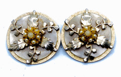 Unusual Layered Round Metal Faux Pearl Floral Art Deco Earrings