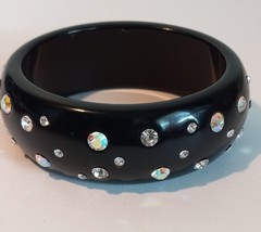 Vtg 1 1/8″ black plastic oval bangle bracelet aurora borealis rhinestones #20