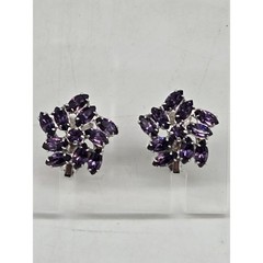 Vtg B David Purple Cluster Marquis Crystal Rhodium Silver Tone Clip On Earrings