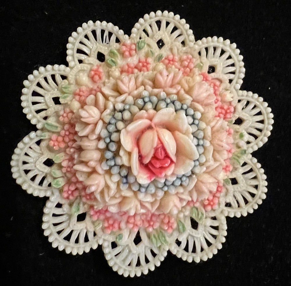 Vintage 1 5/8” Celluloid Filigree Ornate Floral Elegant Green &Orange Brooch