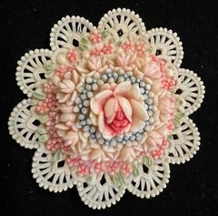 Vintage 1 5/8” Celluloid Filigree Ornate Floral Elegant Green &Orange Brooch