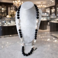 Vtg 1960s Beaded Necklace – 28” -Tagged GENUINE LUCITE -Black Pearl Silver Beads