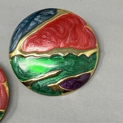 Retro Stud Button Earrings Red Green Blue Purple Gold Swirl Enamel 1980s Pierced