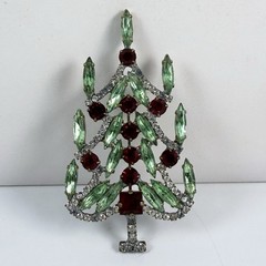 Stunning Vintage Christmas Tree Brooch Red Green Clear Rhinestone Holiday Pin