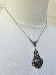 1915 Antique Art Noveau Sterling Silver & Marcasite Drop Necklace