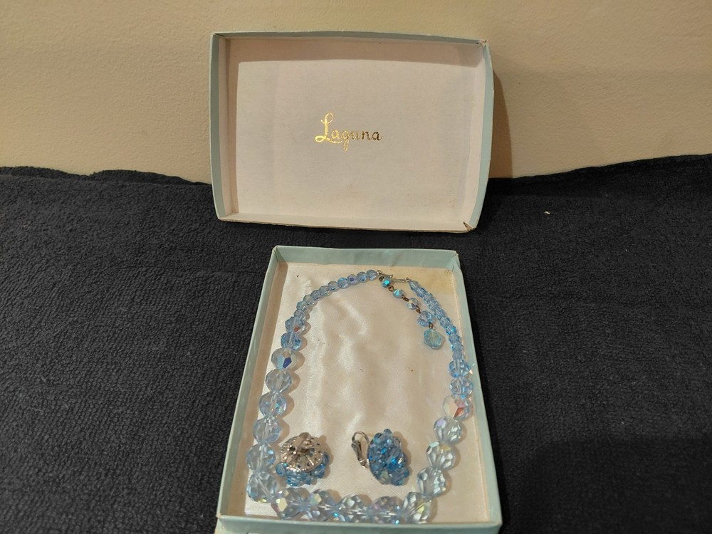 Vintage Laguna Aurora Borealis Blue Faceted Crystal Necklace Clip Earrings Set