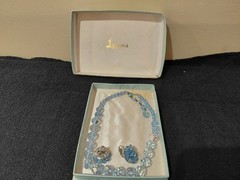 Vintage Laguna Aurora Borealis Blue Faceted Crystal Necklace Clip Earrings Set