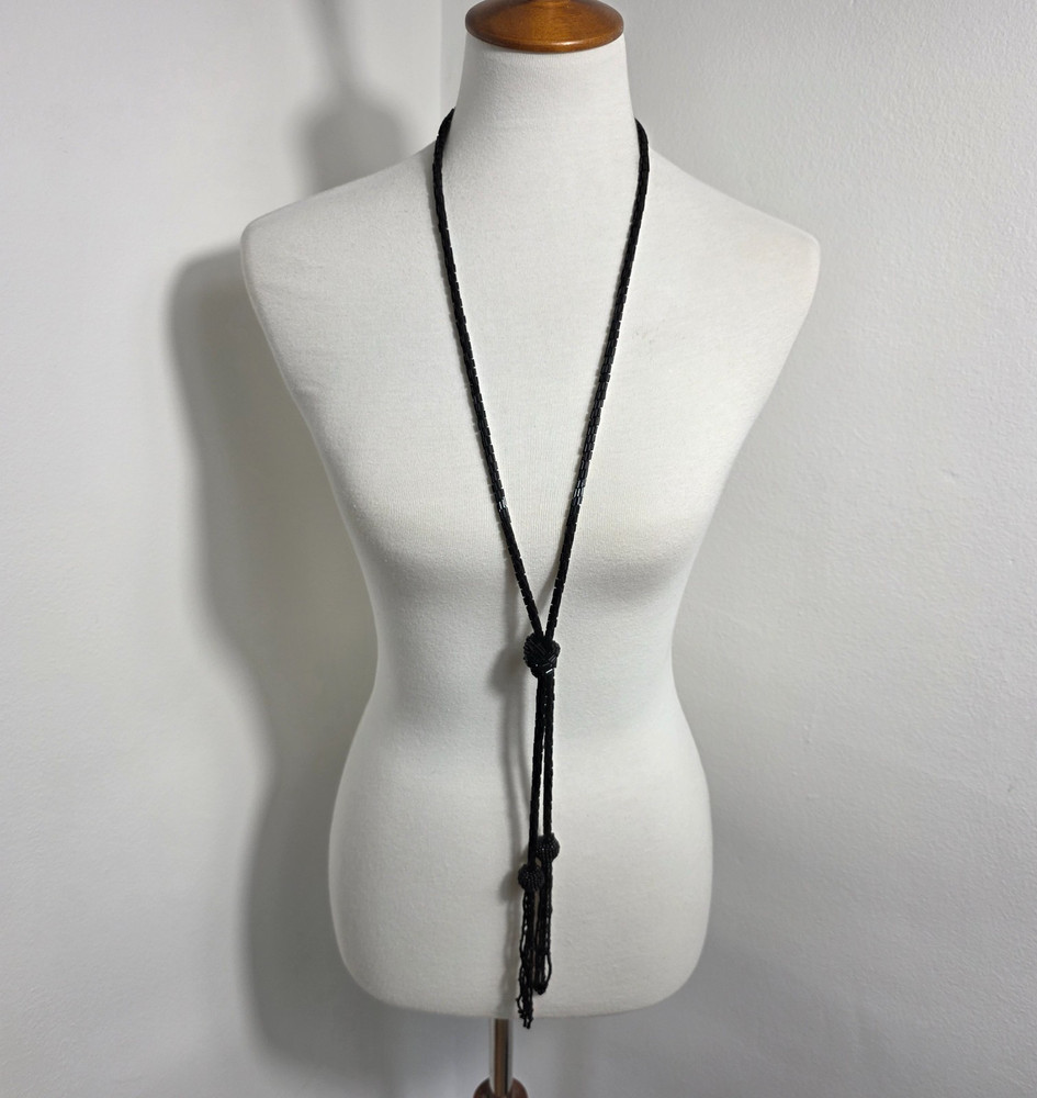 Vintage-Style Black Beaded Lariat Necklace Long Clasp Free Intricate Tassel Ends