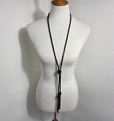 Vintage-Style Black Beaded Lariat Necklace Long Clasp Free Intricate Tassel Ends