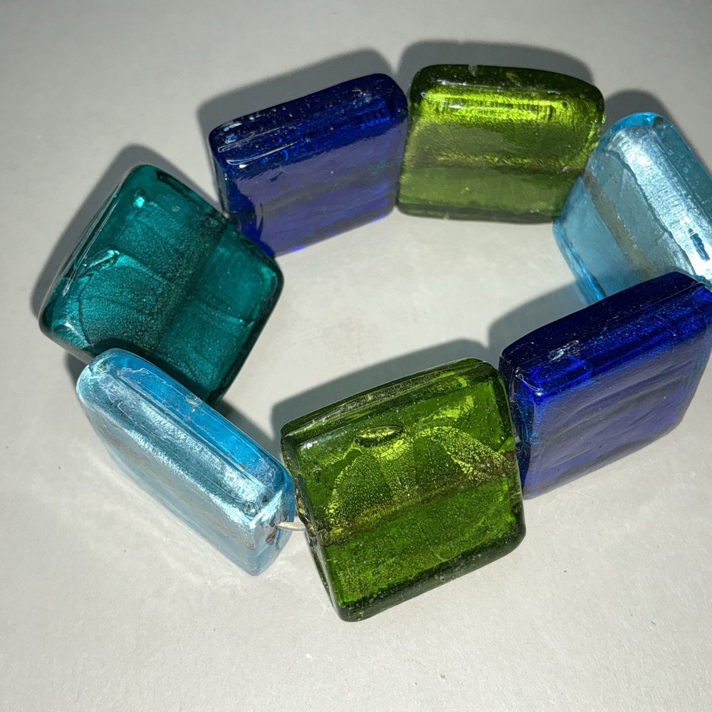 Vintage Chunky Green Teal Art Glass Square Tile Bead Stretch Bracelet