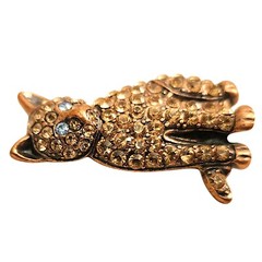 Vintage Gold Orange Tone Cat Pin Brooch Rhinestones 1 .5 Inches