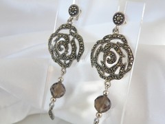 Vintage Sterling Silver 925 Floral Smoky Quartz Marcasite Drop Dangle Earrings