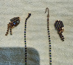 Vintage 1950’s Costume necklace And clip on earring Set Gold color Blue Green