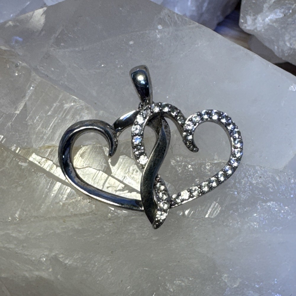 VTG 925 Sterling Silver Double Heart Diamond Pendant 2.46g (AT125-24) {N}