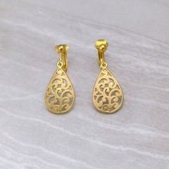 Vintage Clip On Earrings Gold Tone Ornate Cut Out Teardrop Shape Dangle Drop