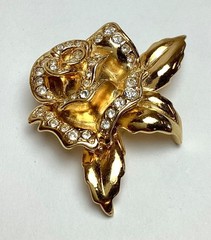 Vintage Gold-Tone & Clear Rhinestone Rose Floral Brooch 1.75″ x 1.5″ Inches