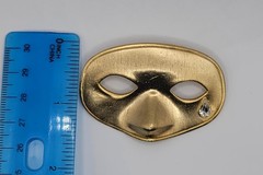 Vtg Mask with Clear Rhinestone Tear Brooch Pin Gold Tone 3D Masquerade Motif
