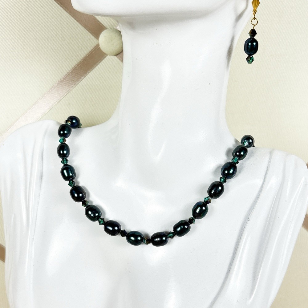 Dyed Peacock Blue Green Freshwater Pearl Necklace Iridescent Cultured Vintage C5