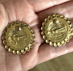 Vintage Alva Museum Scalloped Gold Tone Coin Pierced Earrings Signed