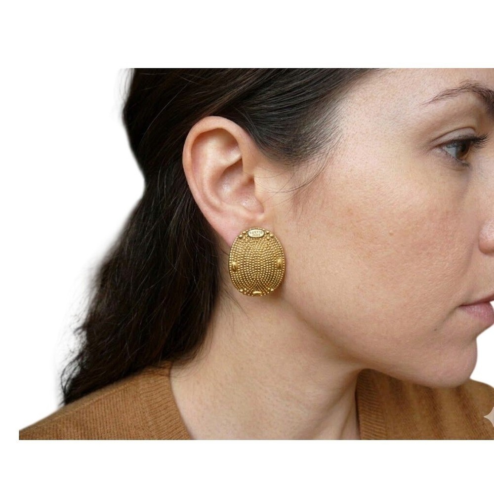 Lanvin Vintage Gold Tone Textured Stippled Oval Domed Clip On Earrings France