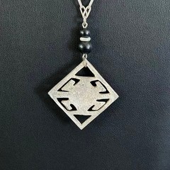 Vintage Modernist Geometric Pendant Necklace Simulated Black Onyx ~36”