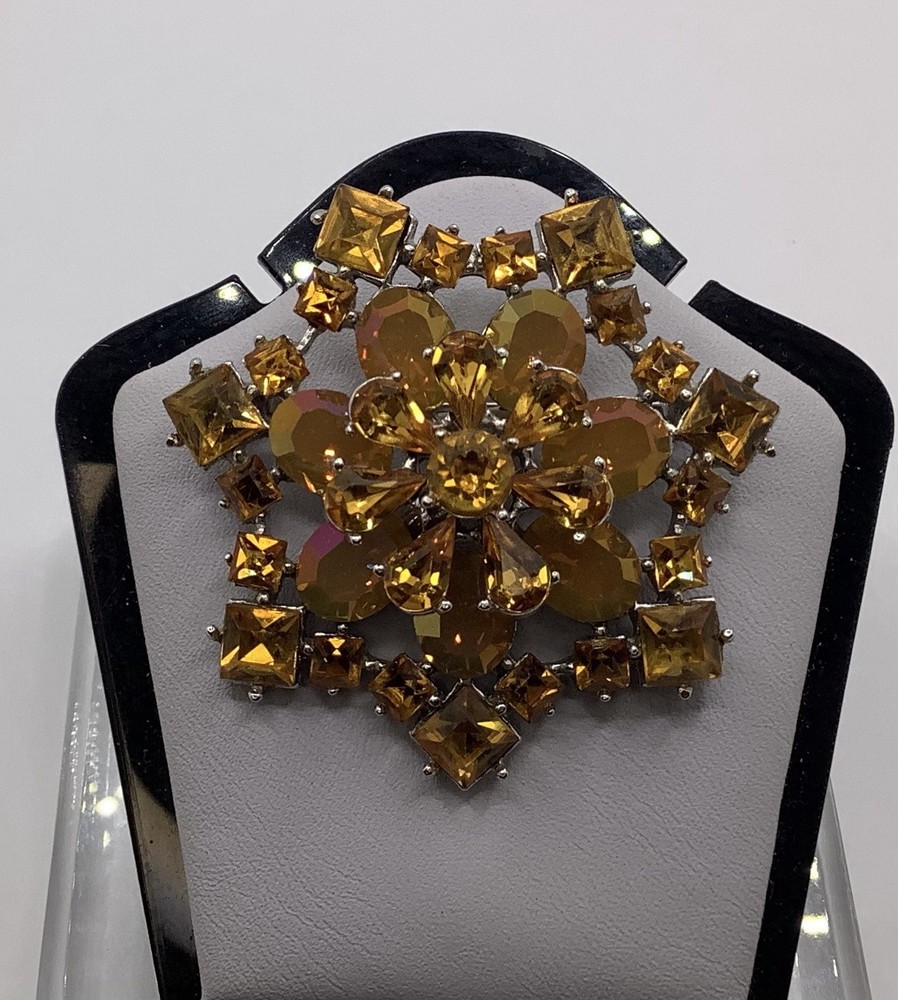 Vintage Silver Tone Topaz Pear & Square W/AB Oval Rhinestone Layered Star Brooch