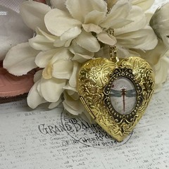 Gold Heart Locket Glass Birthday Anniversary Wedding Dragonfly Cameo Necklace