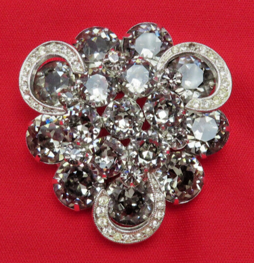 Weiss Rhinestone Brooch Vintage Pin Smoky Clear Faceted Crystal 1.75 inch 110h
