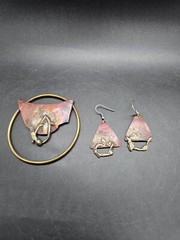 Vintage Copper Metal Earring And Brooch Pin Jewelry Set Handmade Art Soldered