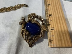 Vintage “Erwin Pearl” Signed Blue Lapis Brooch Pin 30” Erwin Goldtone Necklace