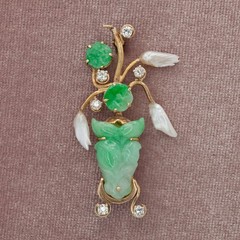 1950s Gumps 14K Gold Carved Jade Pearl Diamond Brooch(21059-NRTHH)