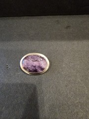 Sterling Silver Amethyst Cabochon Brooch Pin Marked STER Modernist Open Back