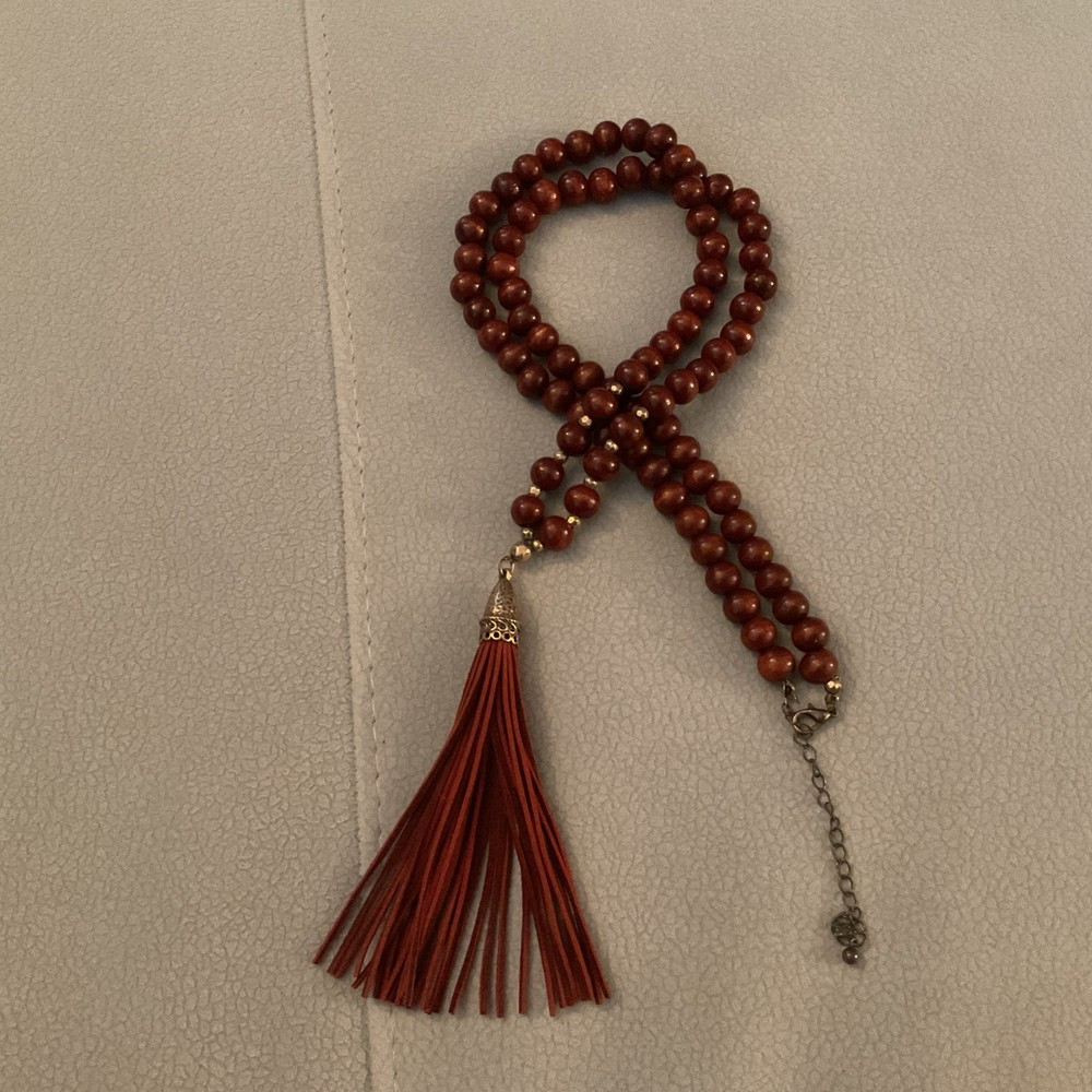 Wood Bead Red Leather Tassel Pendant Necklace