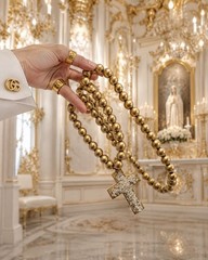 Vintage Original Shattered Fine Art Glass Cross Gold Wood Prayer Beads Necklace
