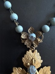Antique Czech Glass Grape Cluster Necklace Brass Blue Bead Art Deco Neiger Style