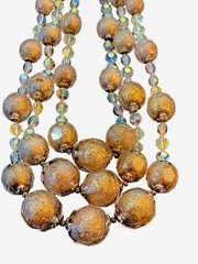 Vintage Mid-Century 3-Strand Beaded Gold Clear AB Acrylic Necklace 15 inch Japan
