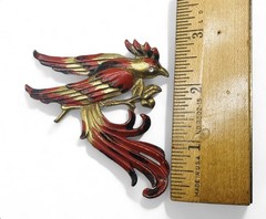 Vintage 1940’s Large 3” Gold Wash Pot Metal Enamel Figural Exotic Bird Brooch