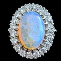 Vintage Opal Diamonds 14k White Gold Large Cocktail Ring Halo Estate Gift